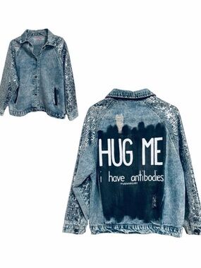 WREN + GLORY "Hug Me" Distressed Sequin Sleeve Button Up Jean Jacket